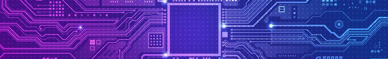 Purple and blue circuit board with a processor in the center.